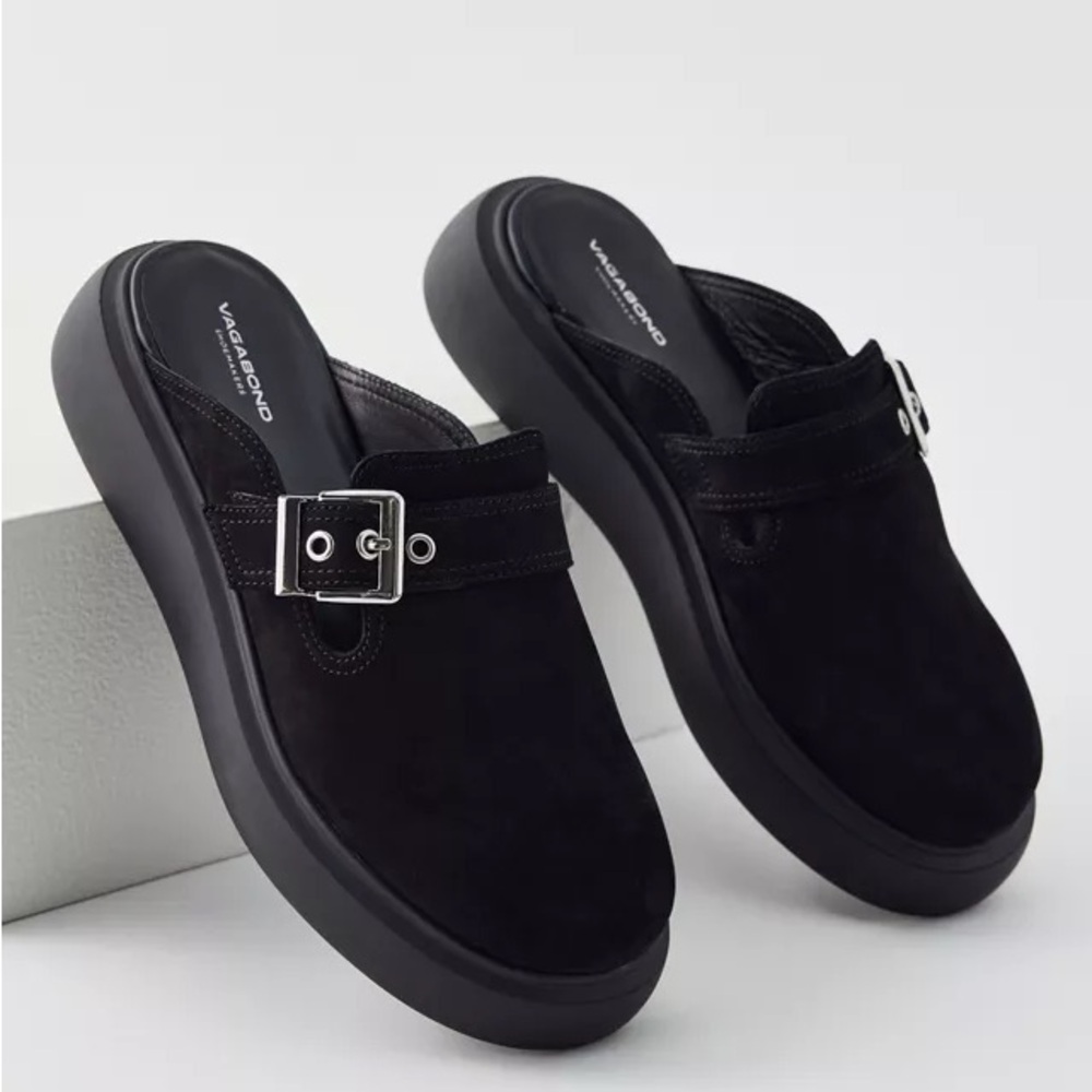 Vagabond Black Mules Silver Buckle